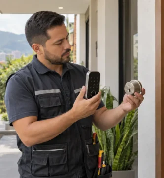 Cerradura inteligente o tradicional comparadas por un cerrajero en una puerta de vivienda en Envigado